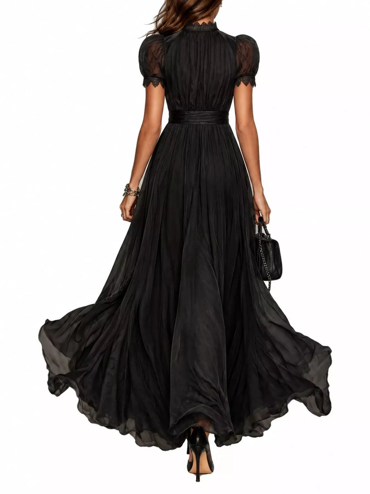 Lace Puff Sleeve Maxi Dress in black, back view