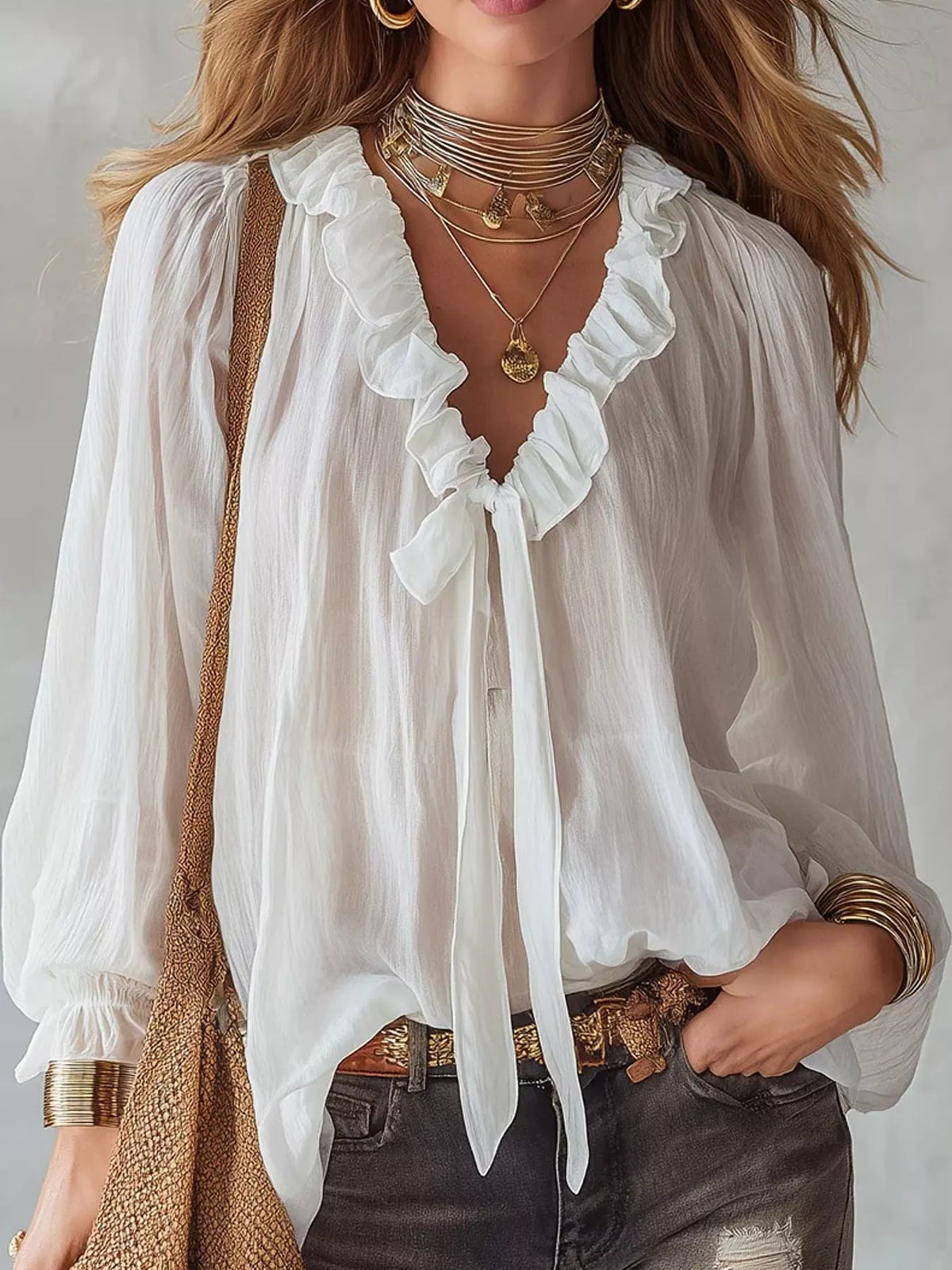V-neck long sleeve blouse, front view on model