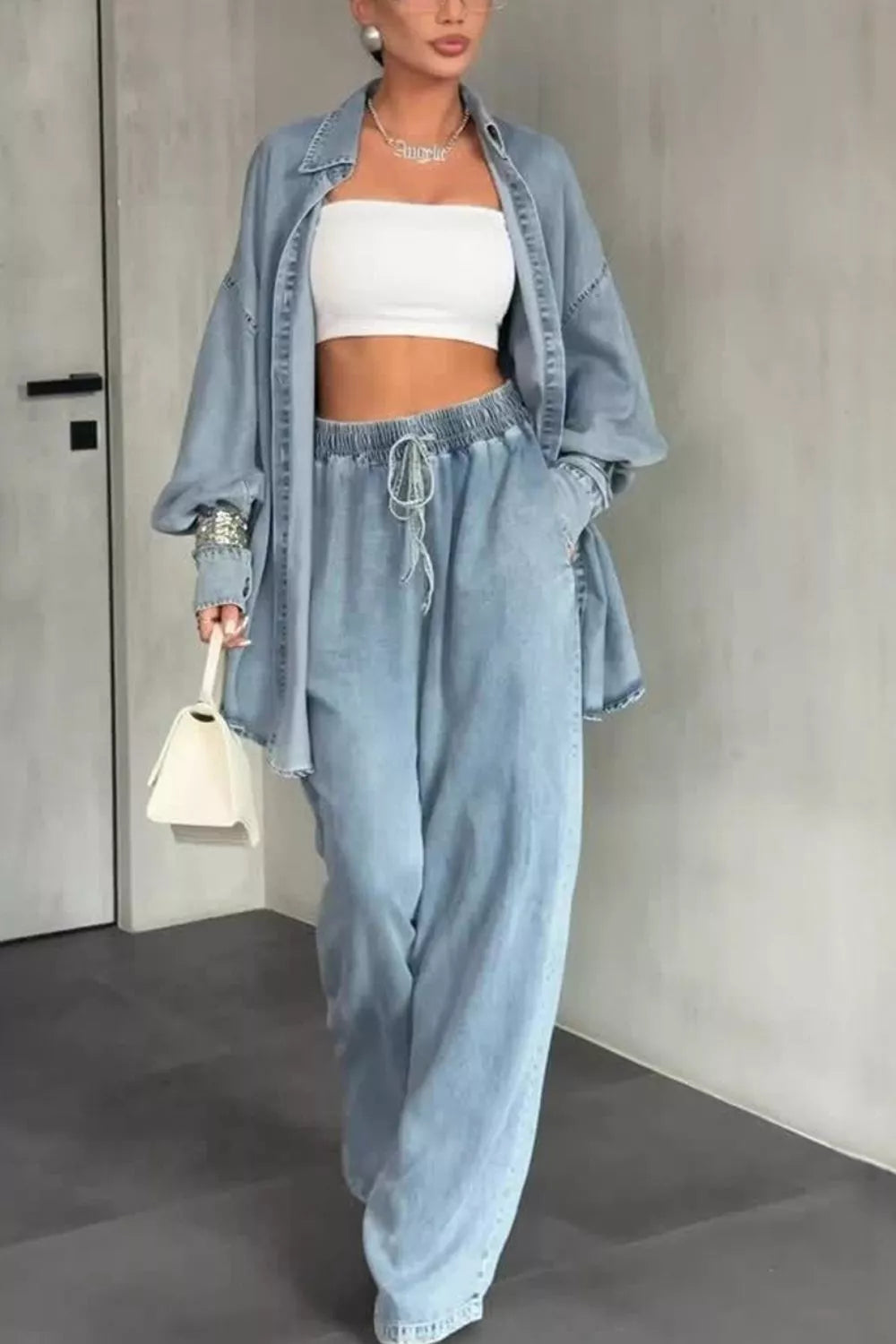 Trendsi Wash Button Up Shirt and Wide-Leg Pants Denim Set -