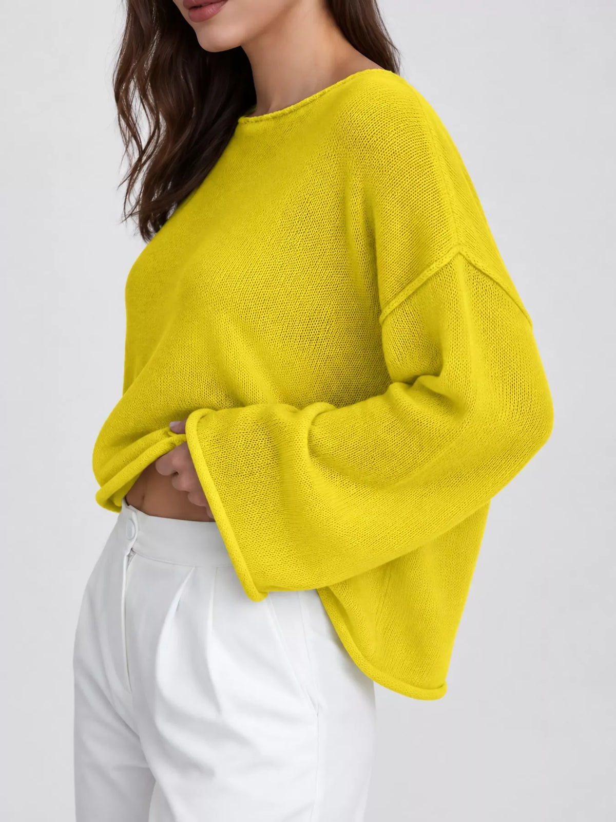 Yellow sheer openwork knit long sleeve top