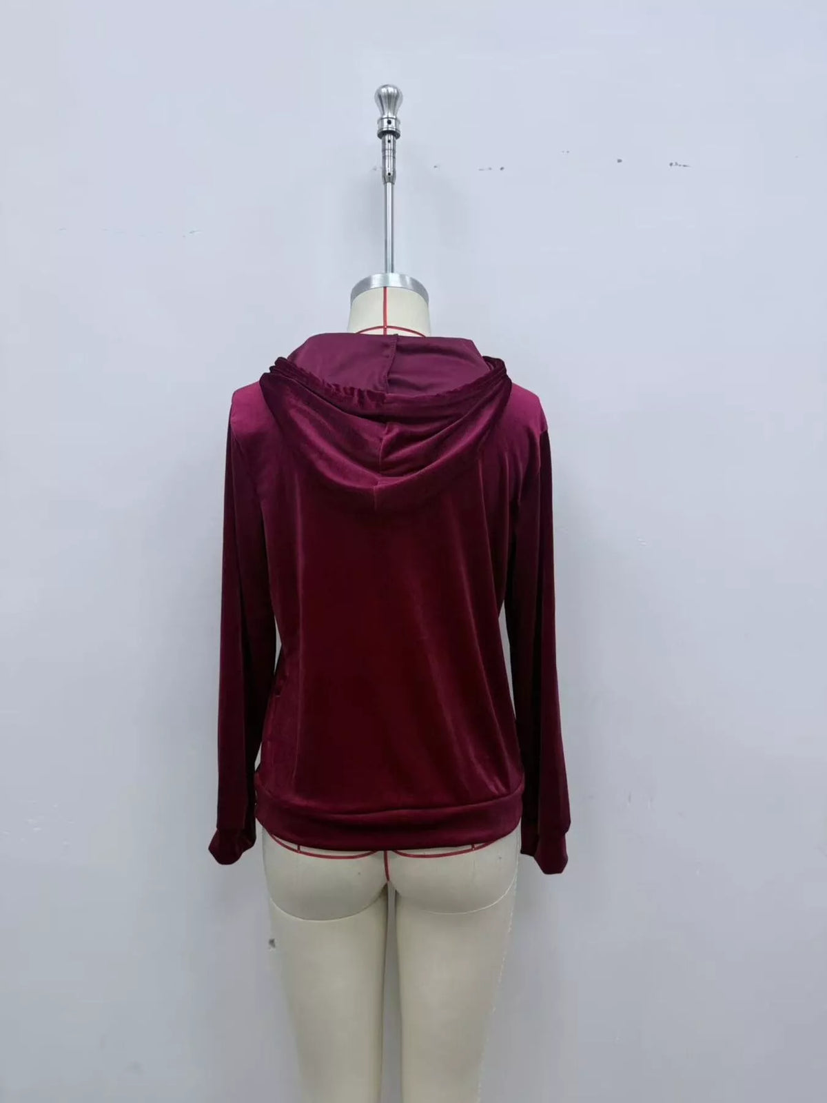 Women's Velvet Kangaroo Pocket Hoodie in Burgundy, back view