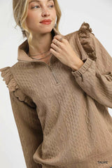 Trendsi Umgee Cable Knit Textured Pullover with Ruffle Shoulders -