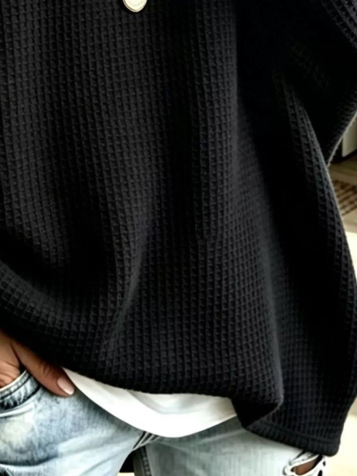 Women's Waffle Knit Boat Neck Sweatshirt in black — texture detail view