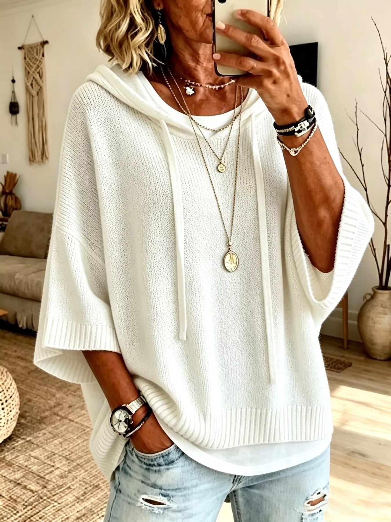 Trendsi Full Size Casual Hooded Batwing Sleeve Knit Sweater Plus Size -