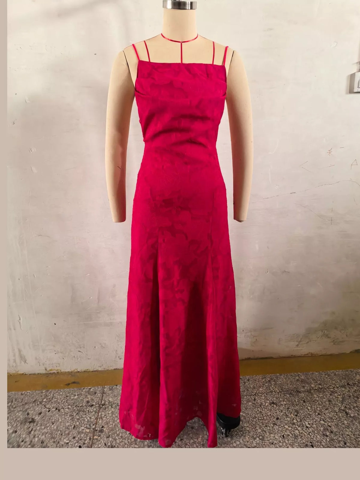 Red backless lace maxi dress, front view
