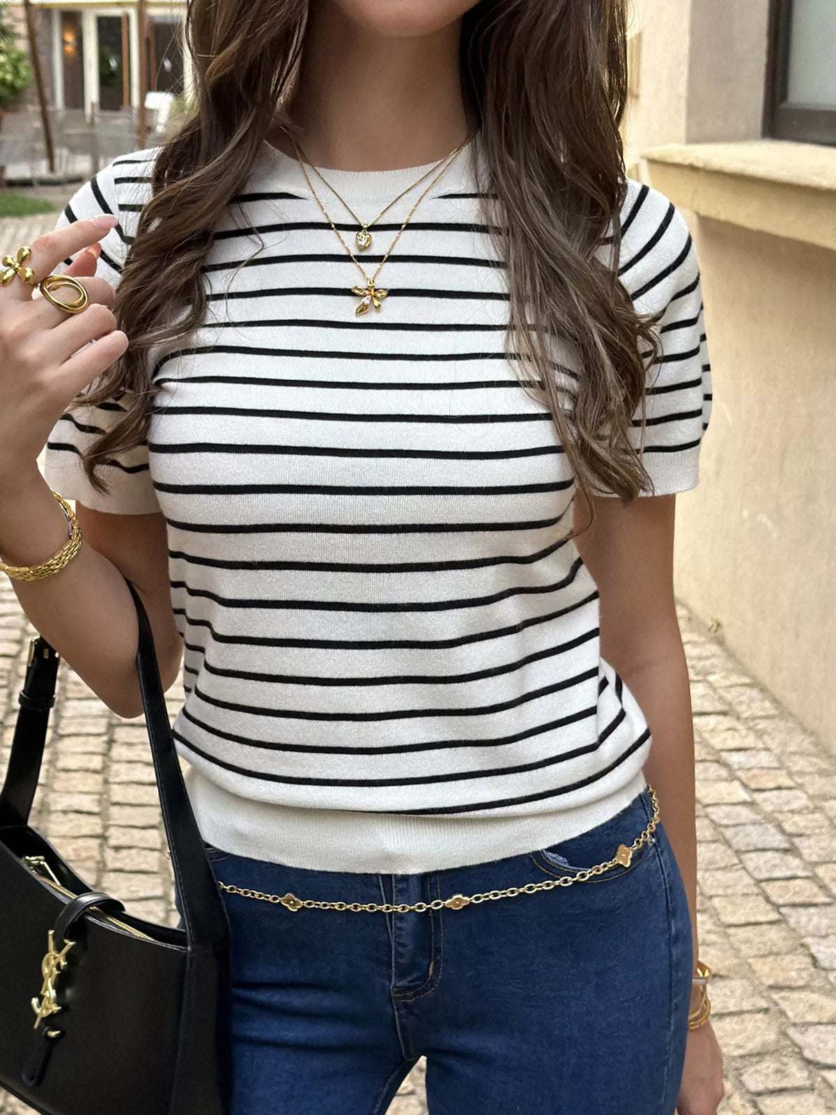 Striped short-sleeve knit top