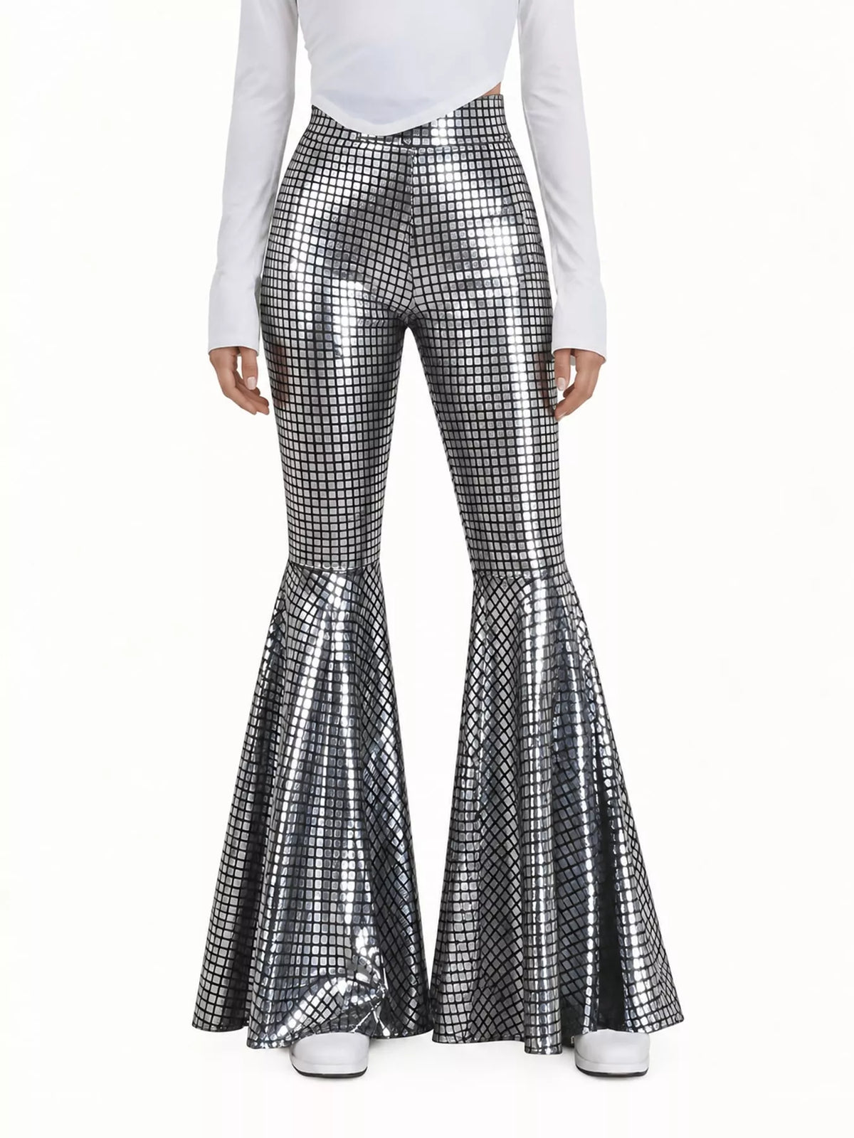 Silver high-waisted flare pants — front view