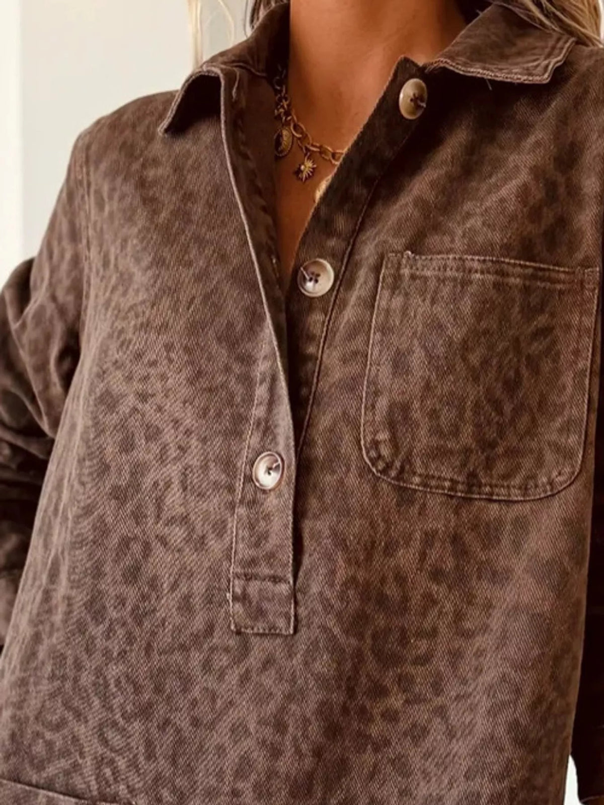 Denim shirt dress, brown collar buttons and chest pocket