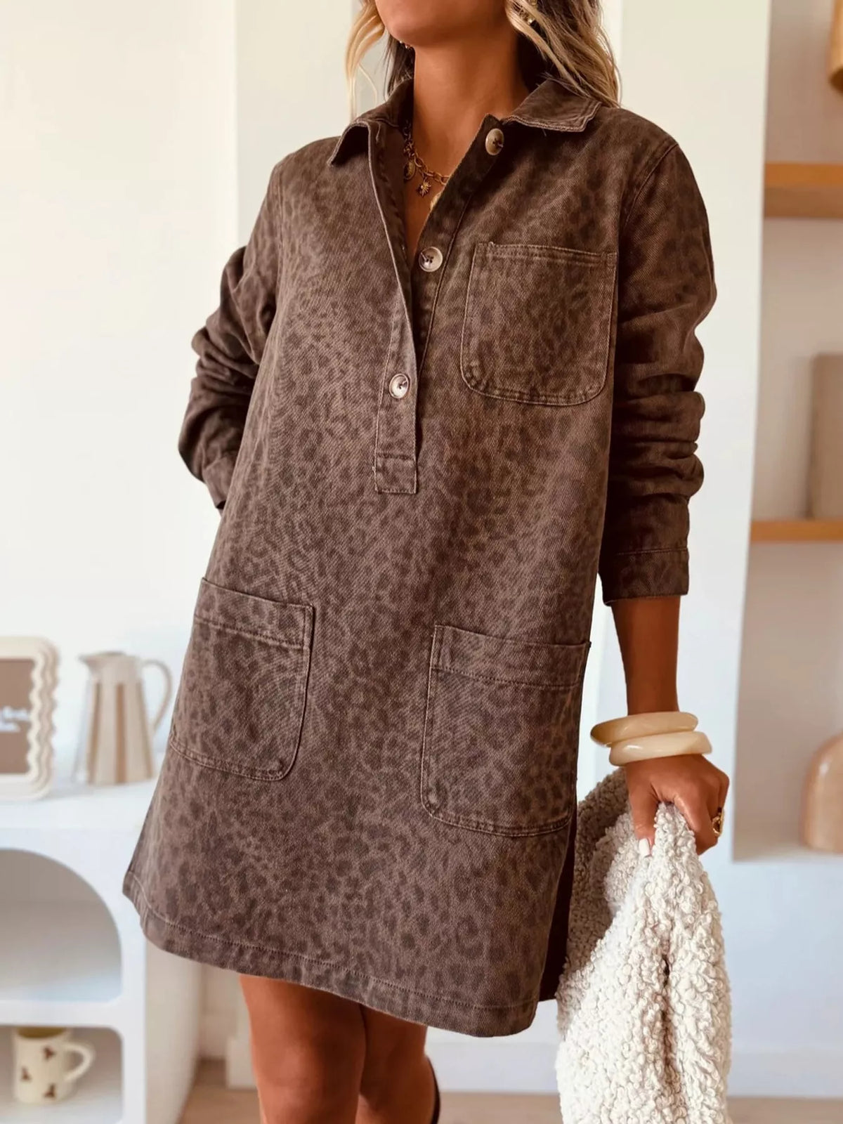 Denim shirt dress, brown leopard-print front