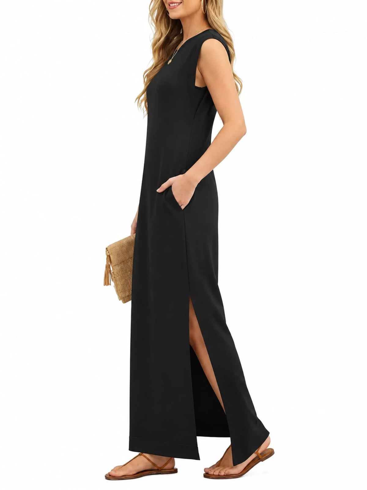 Round neck sleeveless maxi dress, front view on model