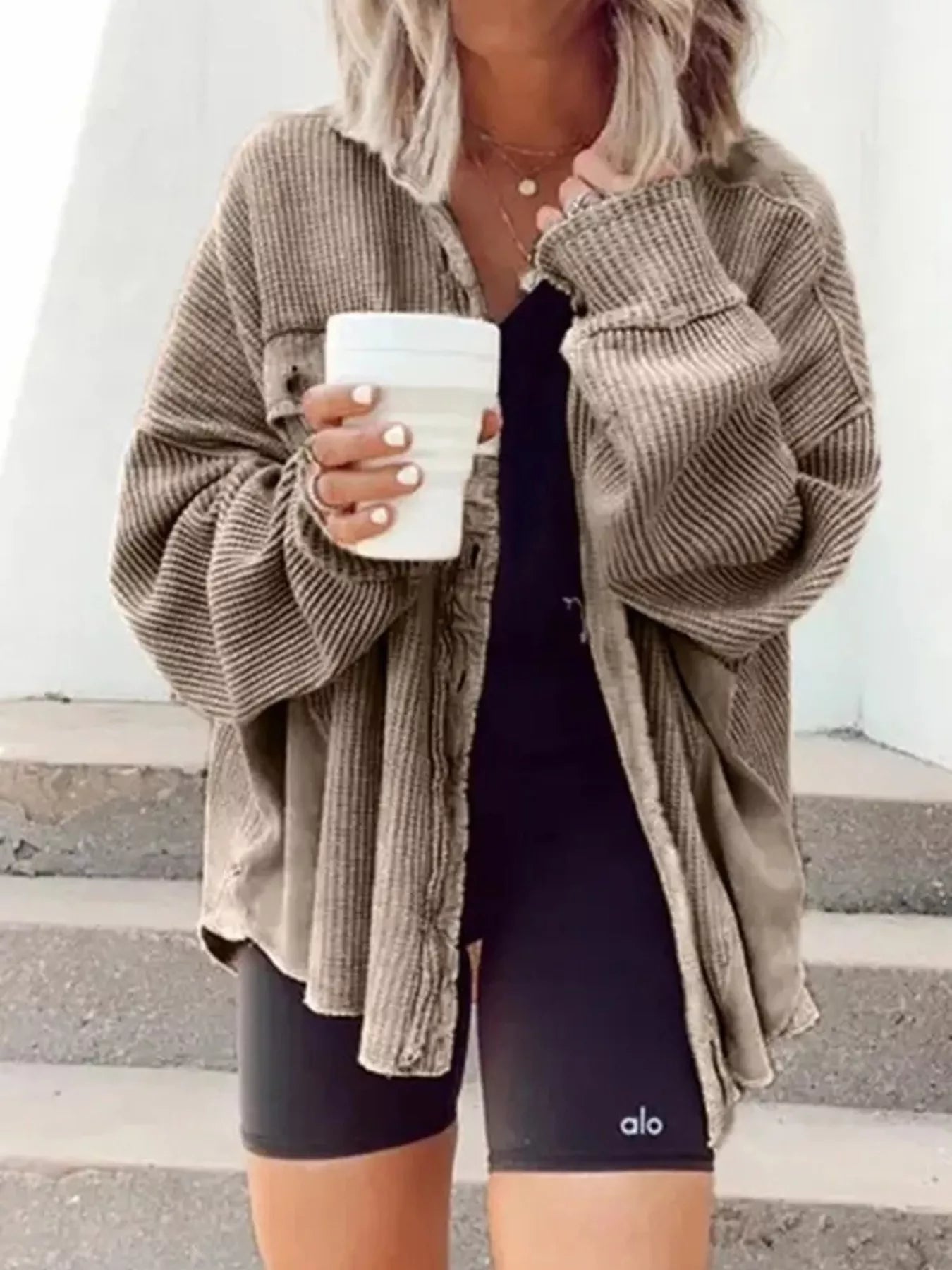 Trendsi Oversized Waffle Knit Button-Up Jacket -