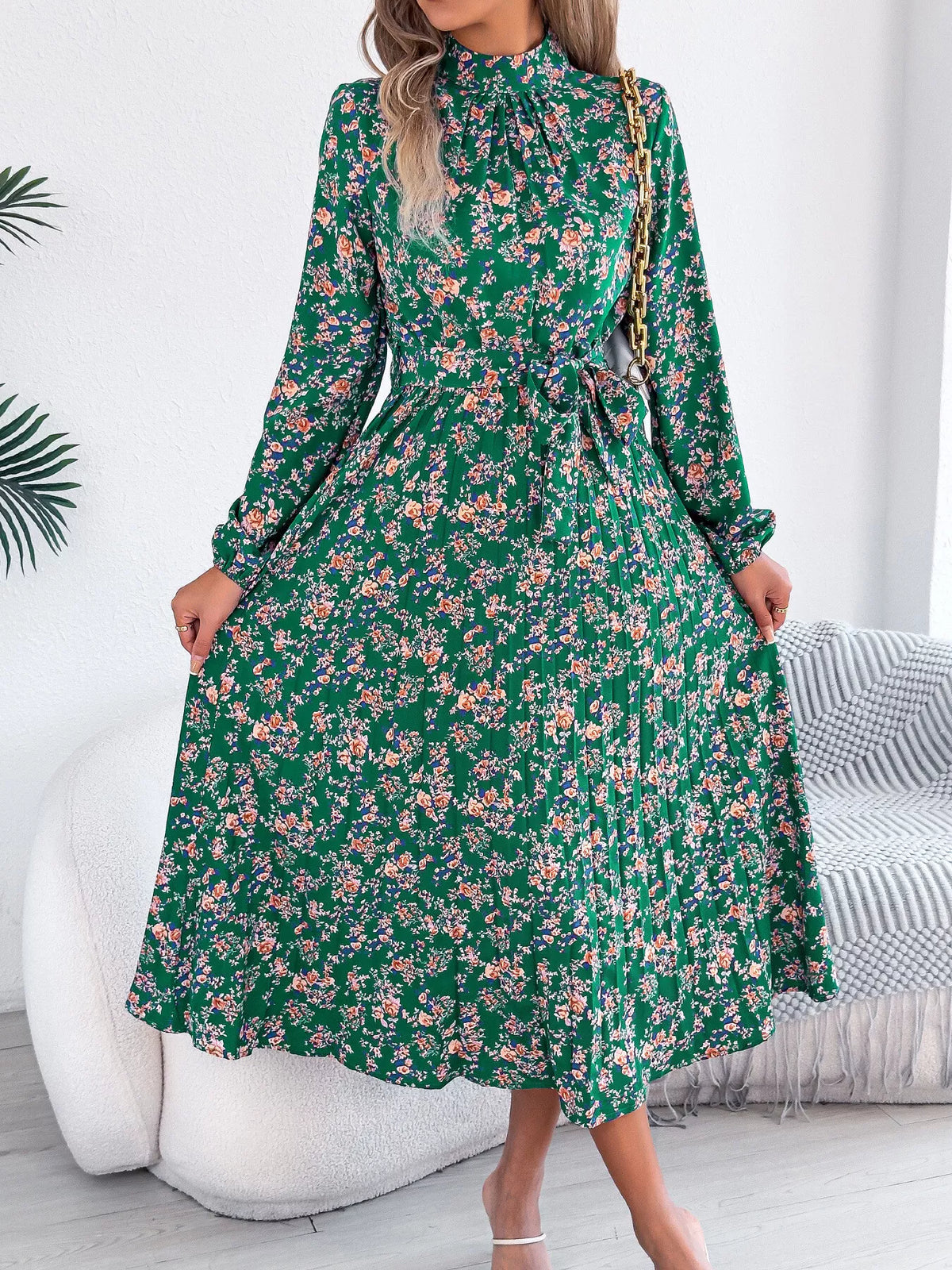 Green floral print long sleeve midi dress