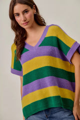 Trendsi SO ME Mardi Gras Loose Fit V Neck Stripe Sweater Top -