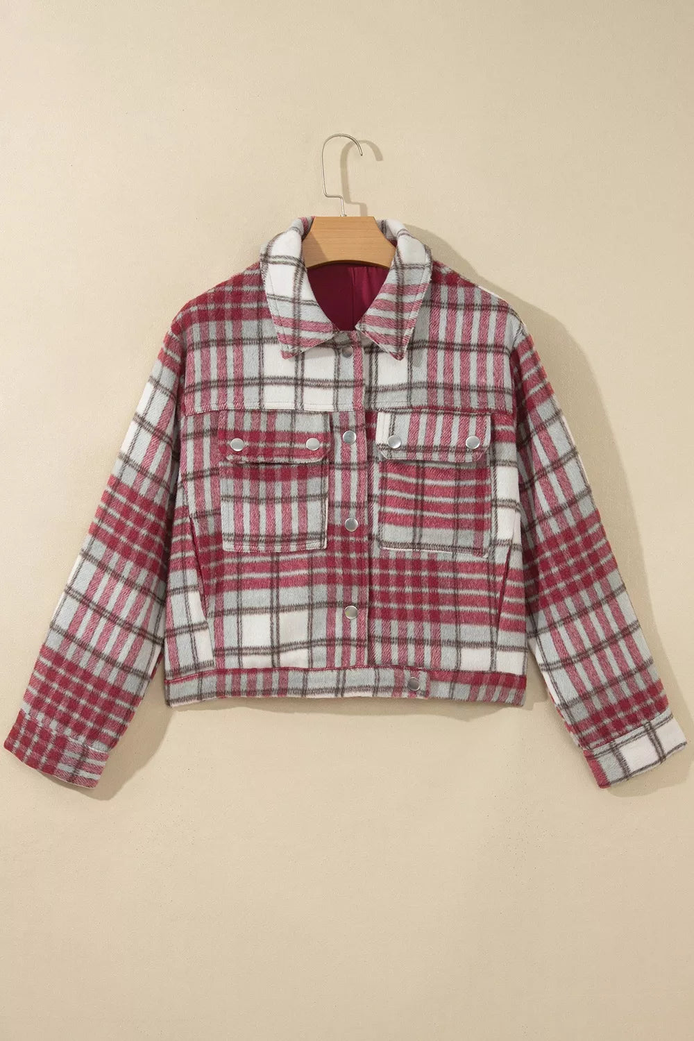Plaid Button-Collar Long Sleeve Jacket, front view
