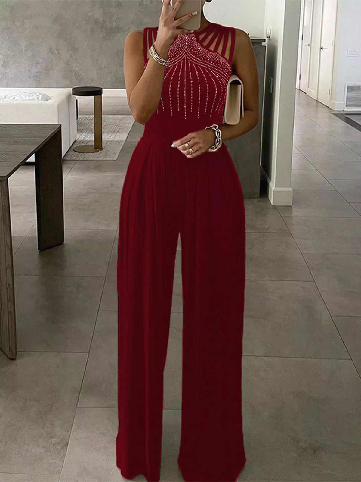 Burgundy wide-leg sleeveless jumpsuit