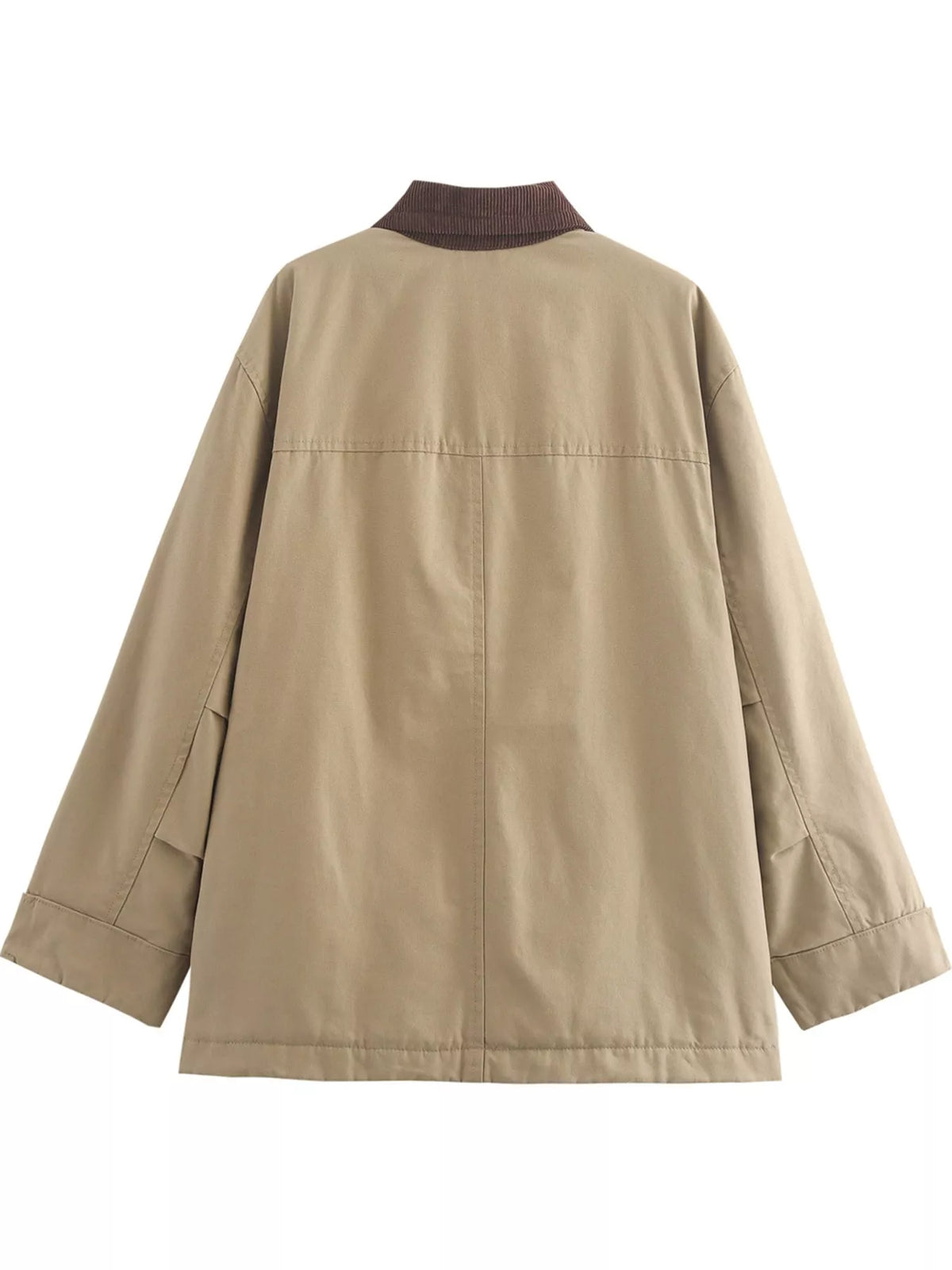 Tan contrast corduroy collar button-up jacket — back view