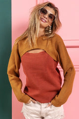 Trendsi BiBi Color Block Sweater Knit Top With Cut Out Neck -