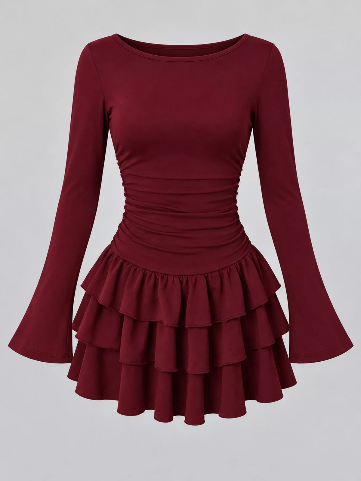 Burgundy layered ruffle mini dress
