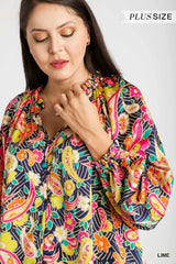 Trendsi Umgee Full Size Satin Paisley Ruffle Neck Button-Up Shirt Plus Size -