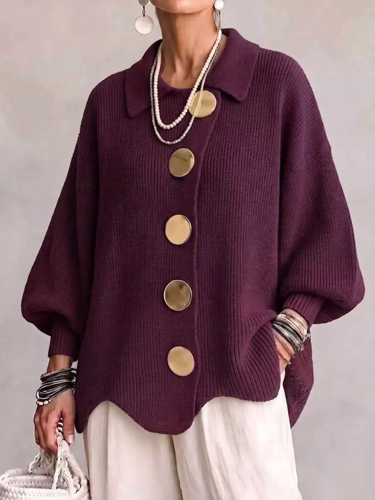 Women's Ribbed Knit Gold Buttons Cardigan in purple — front view
