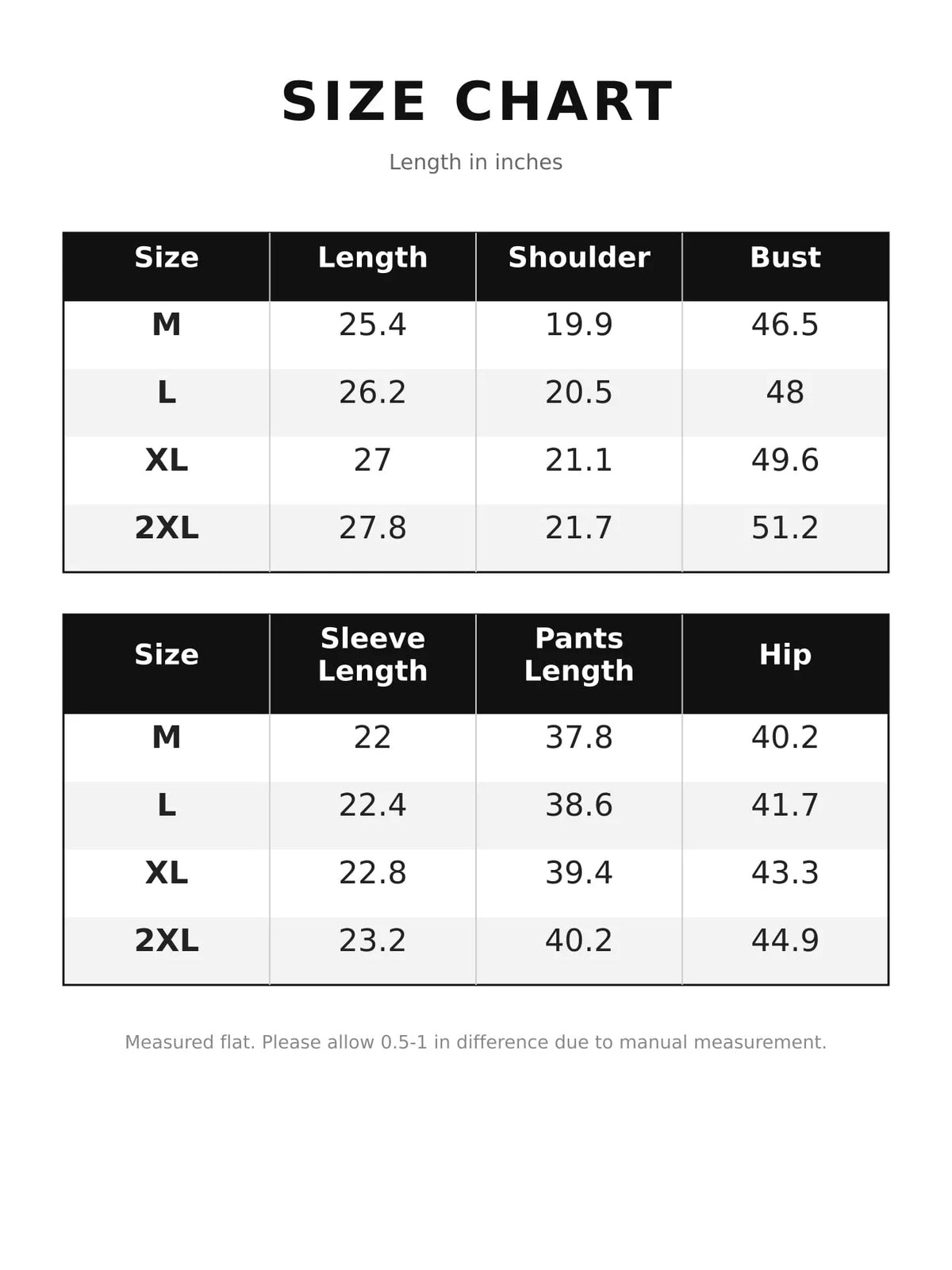 Size chart for oversized graphic sweatshirt and jogger set