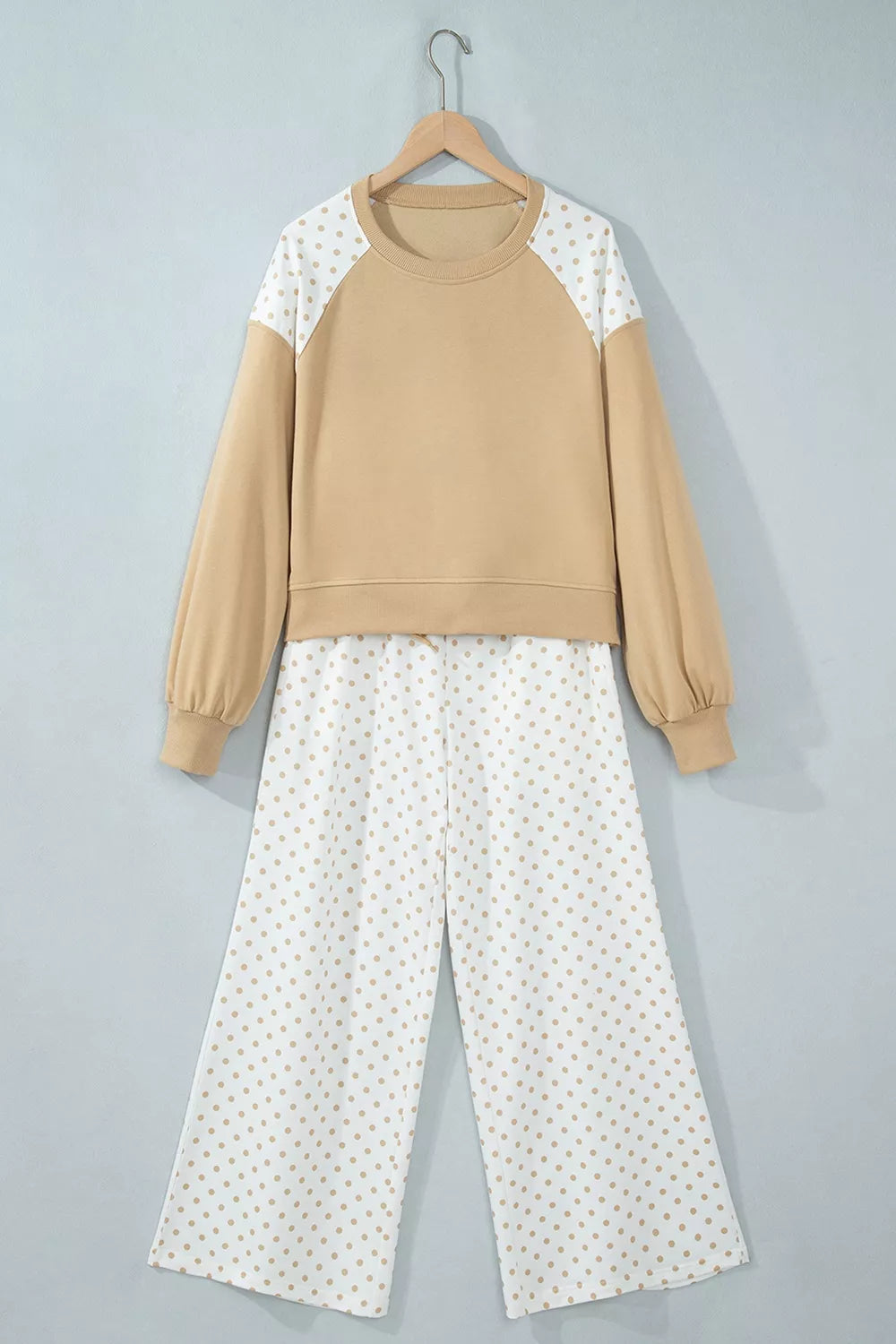 Trendsi Polka Dot Patchwork Colorblock Long Sleeve Casual Two Piece Pants Set -