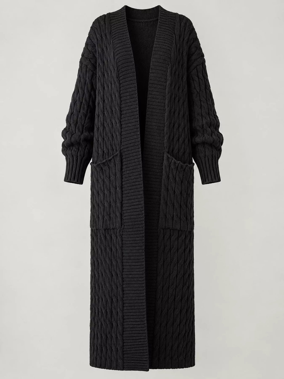 Black cable-knit longline open-front cardigan