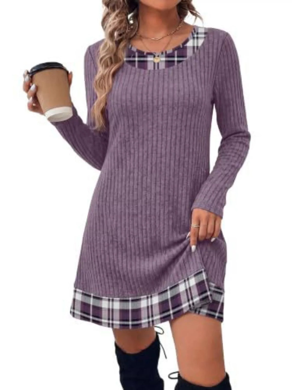 Round neck long sleeve mini dress, front view on model