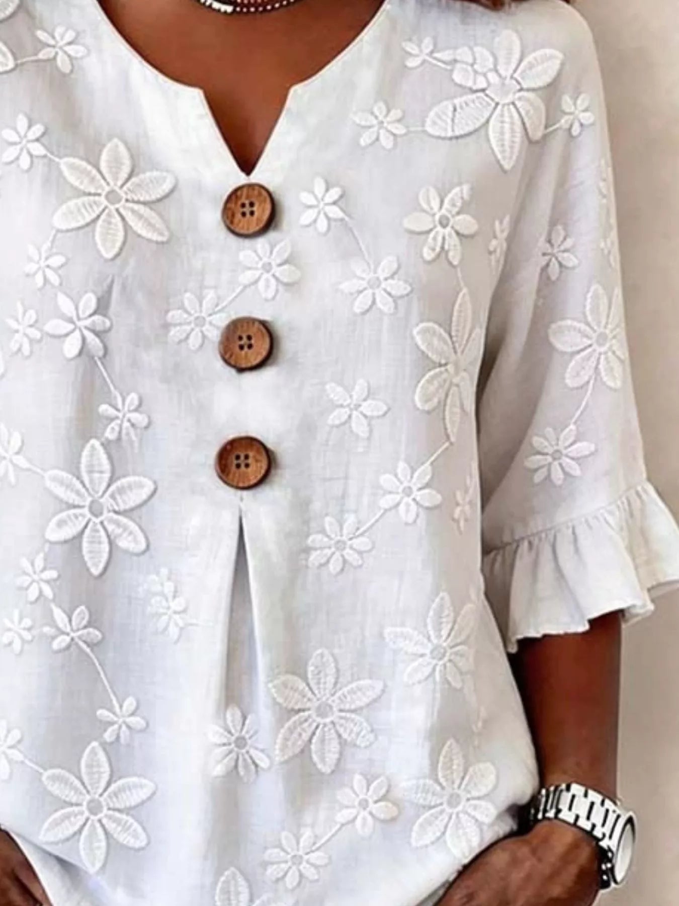Trendsi Full Size Floral Button Decor 3/4 Sleeve Blouse Plus Size -