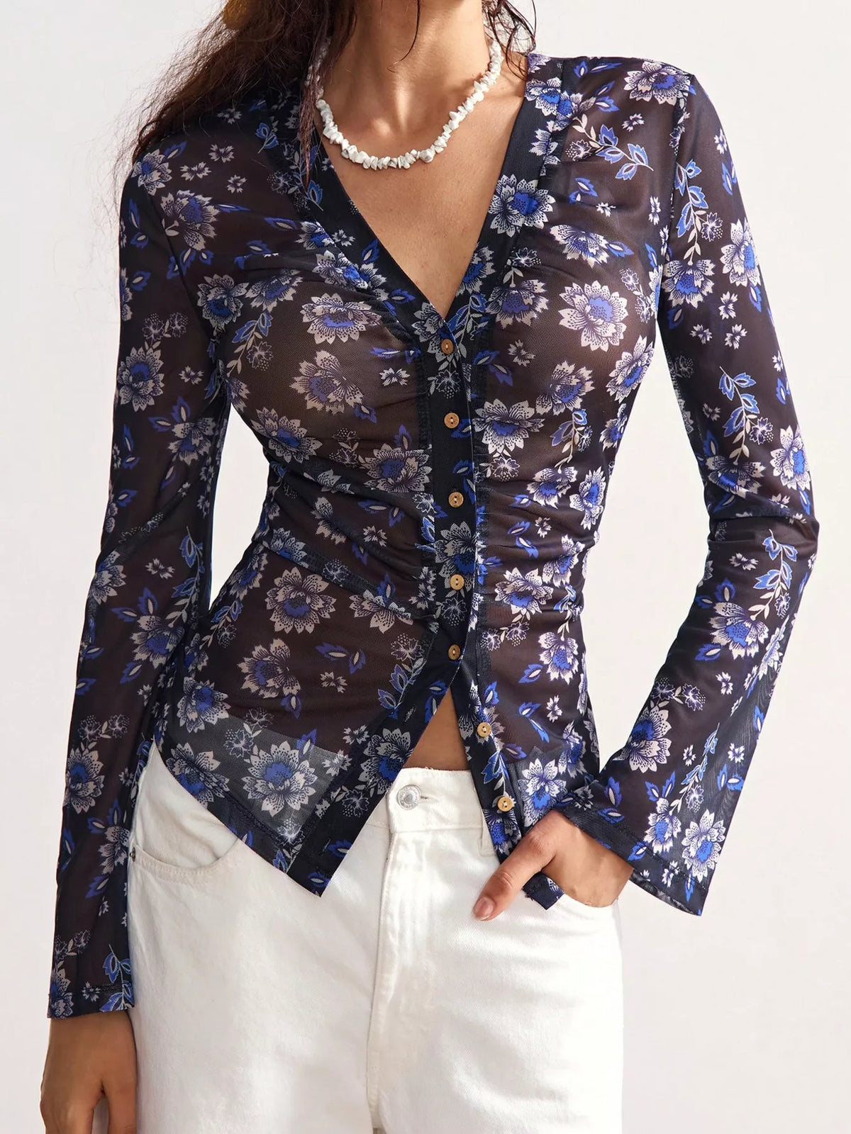 Women's Printed Flare Sleeve Button Down Top in Peacock Blue, front view