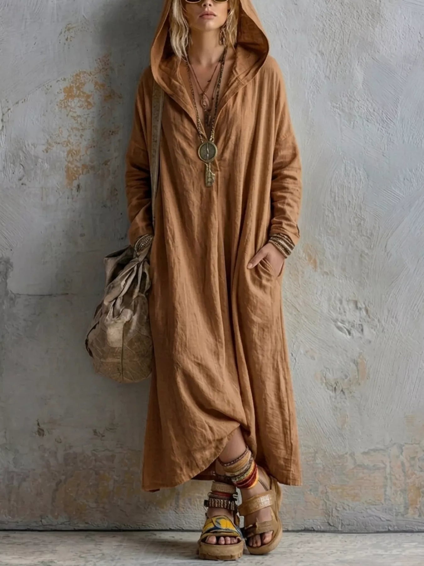 Trendsi Long Sleeve Hooded Midi Dress with Pockets -