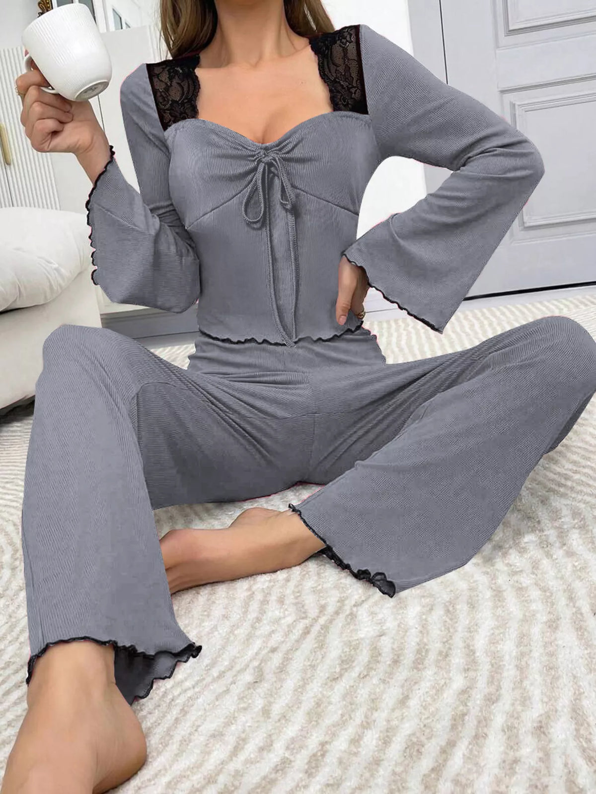 Grey Lace-Trim Flare-Sleeve Top & Pants Lounge Set seated front view