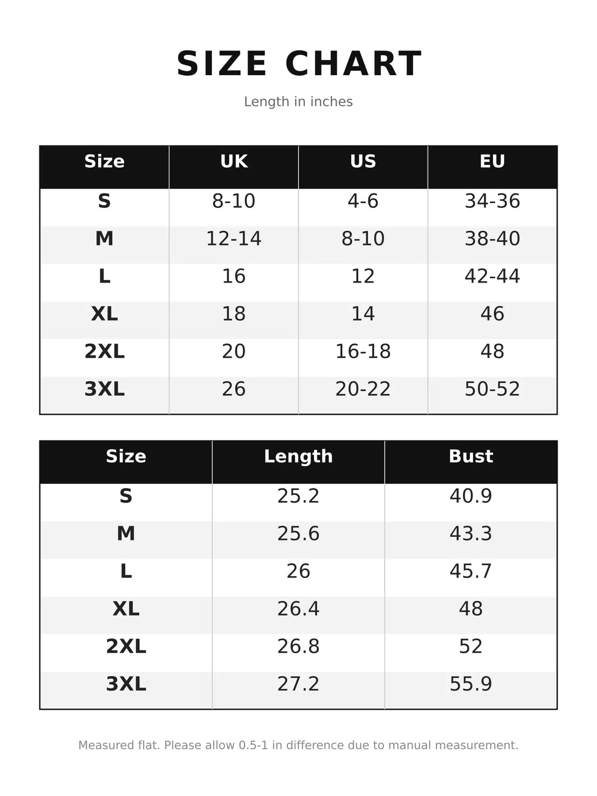 Size chart for button up short sleeve shirt