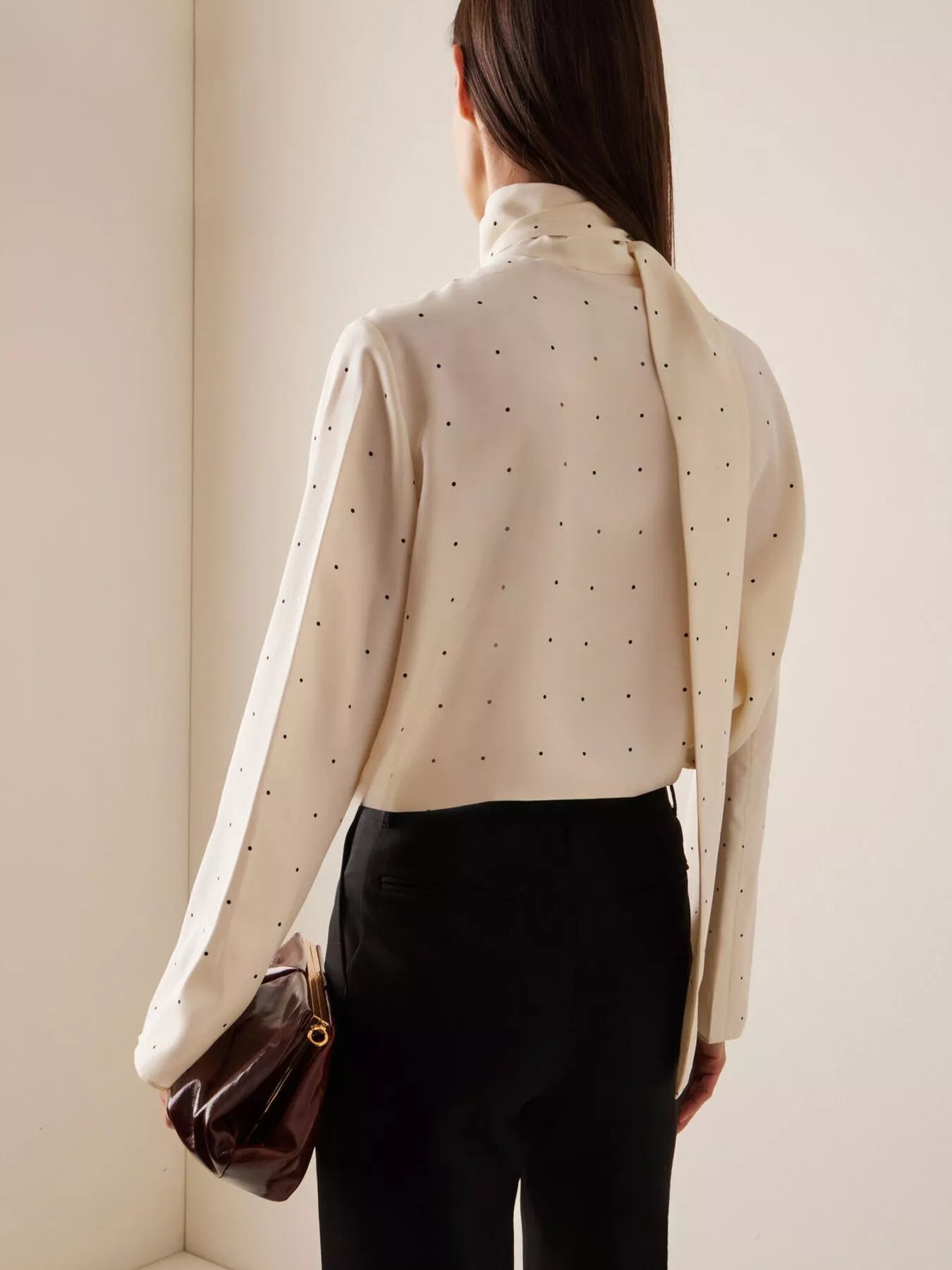 Trendsi Polka Dot Silk Blouse with Scarf Neck Tie -