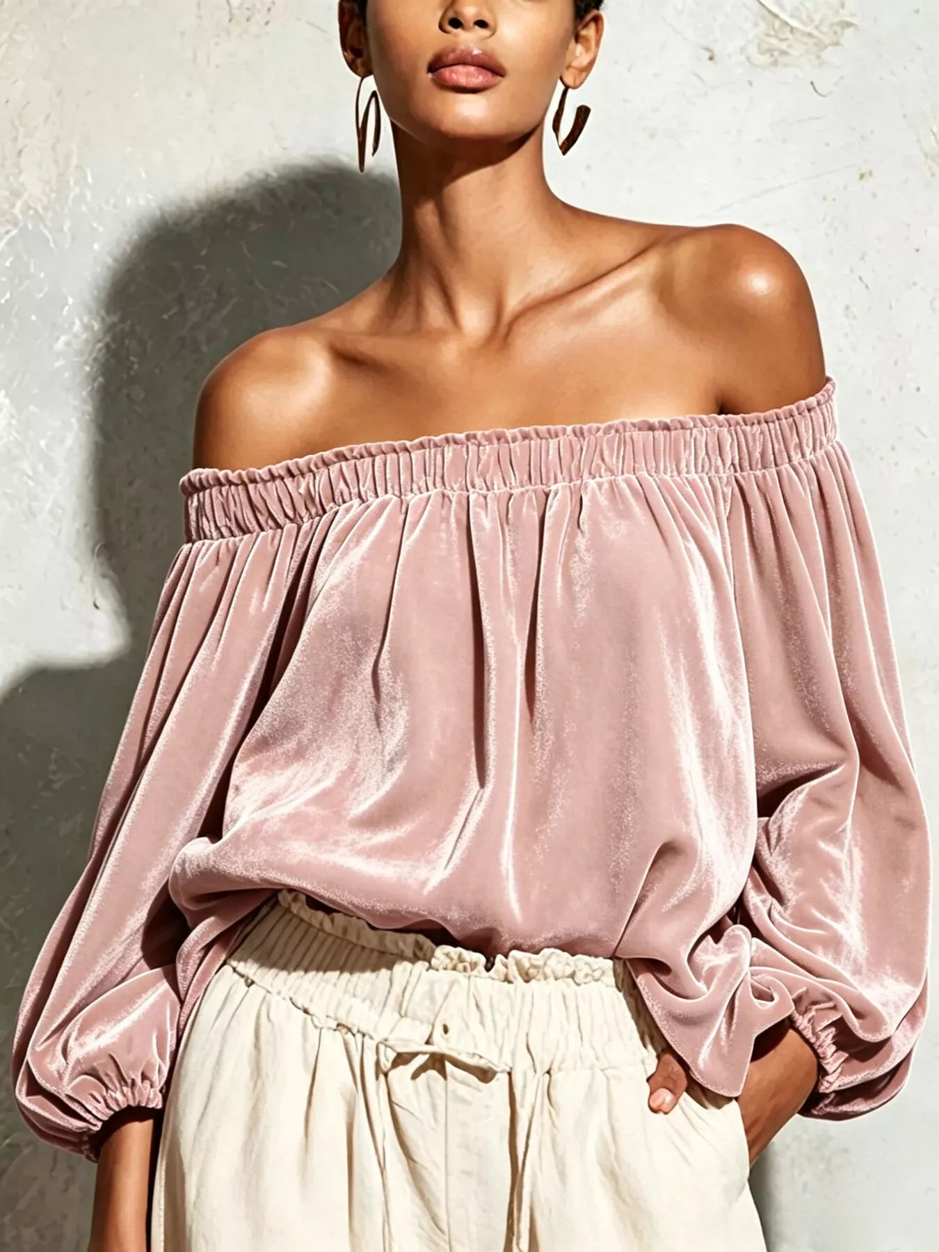 Trendsi Off-Shoulder Velvet Long Sleeve T-Shirt -
