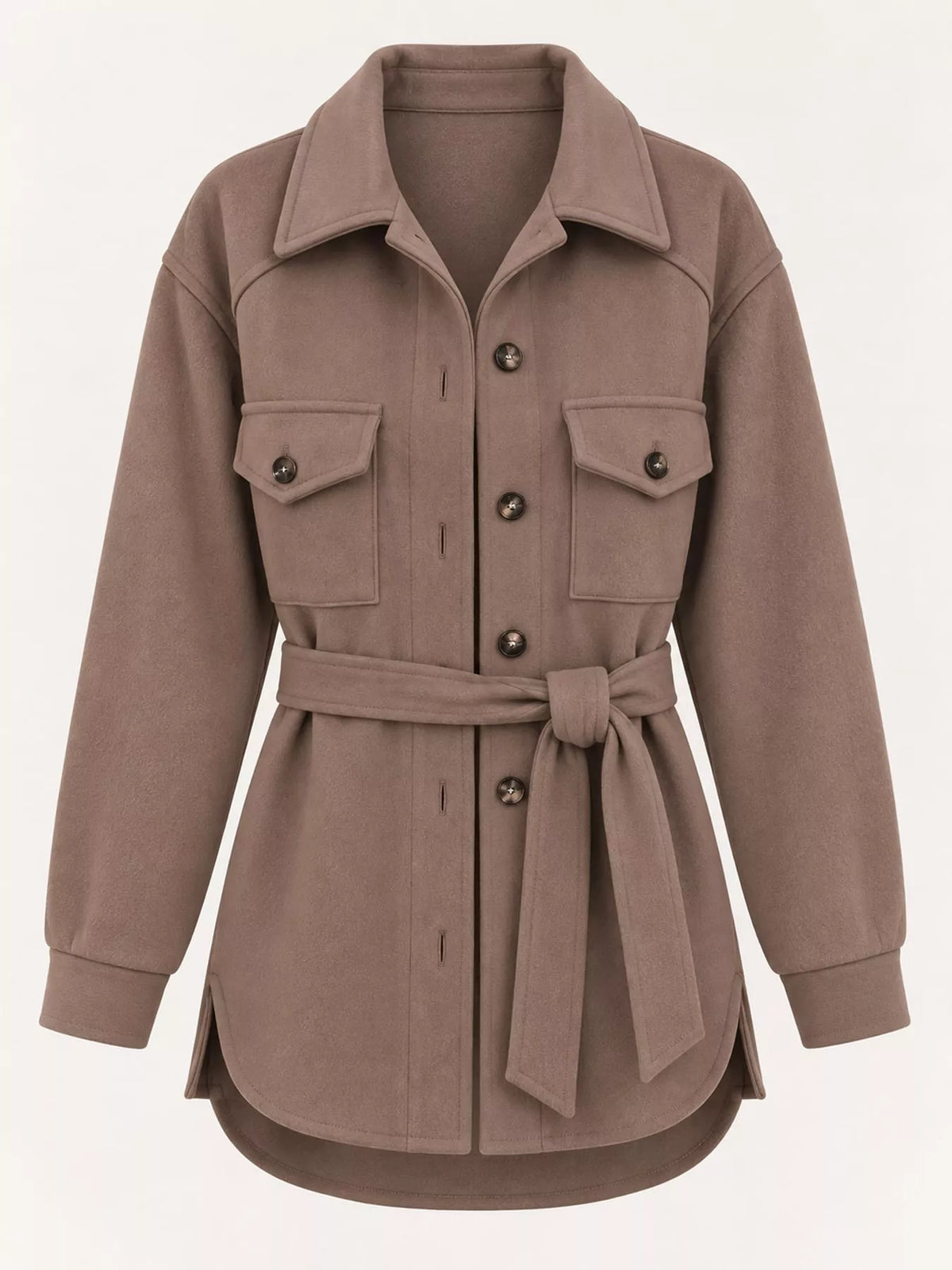 Belted Button-Down Shirt Jacket — garment front