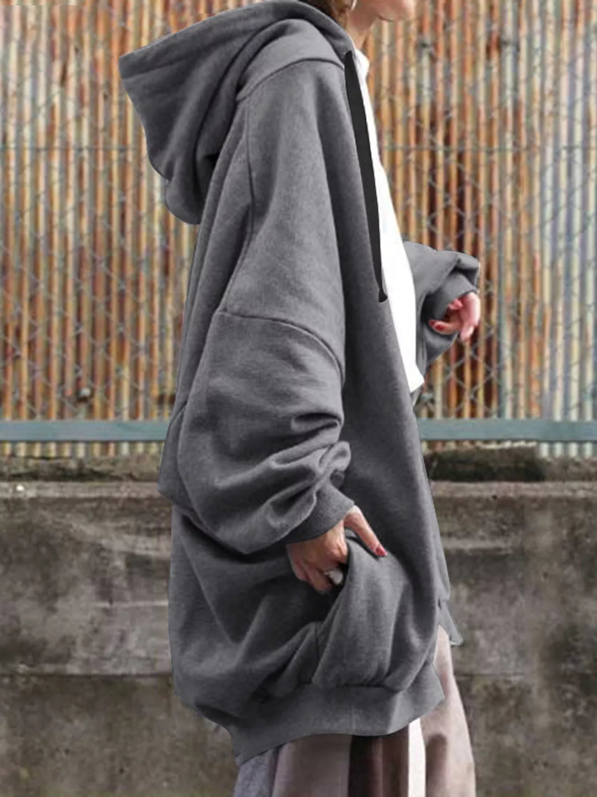 Gray drawstring zip-up oversized hoodie