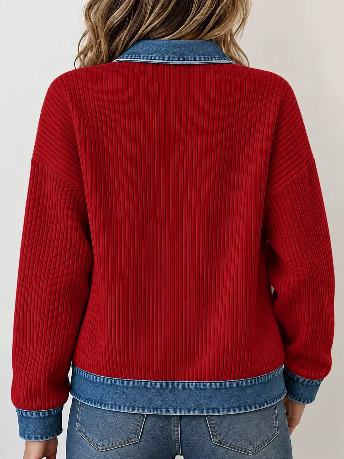 Red denim-collar ribbed knit zip-up jacket — back view
