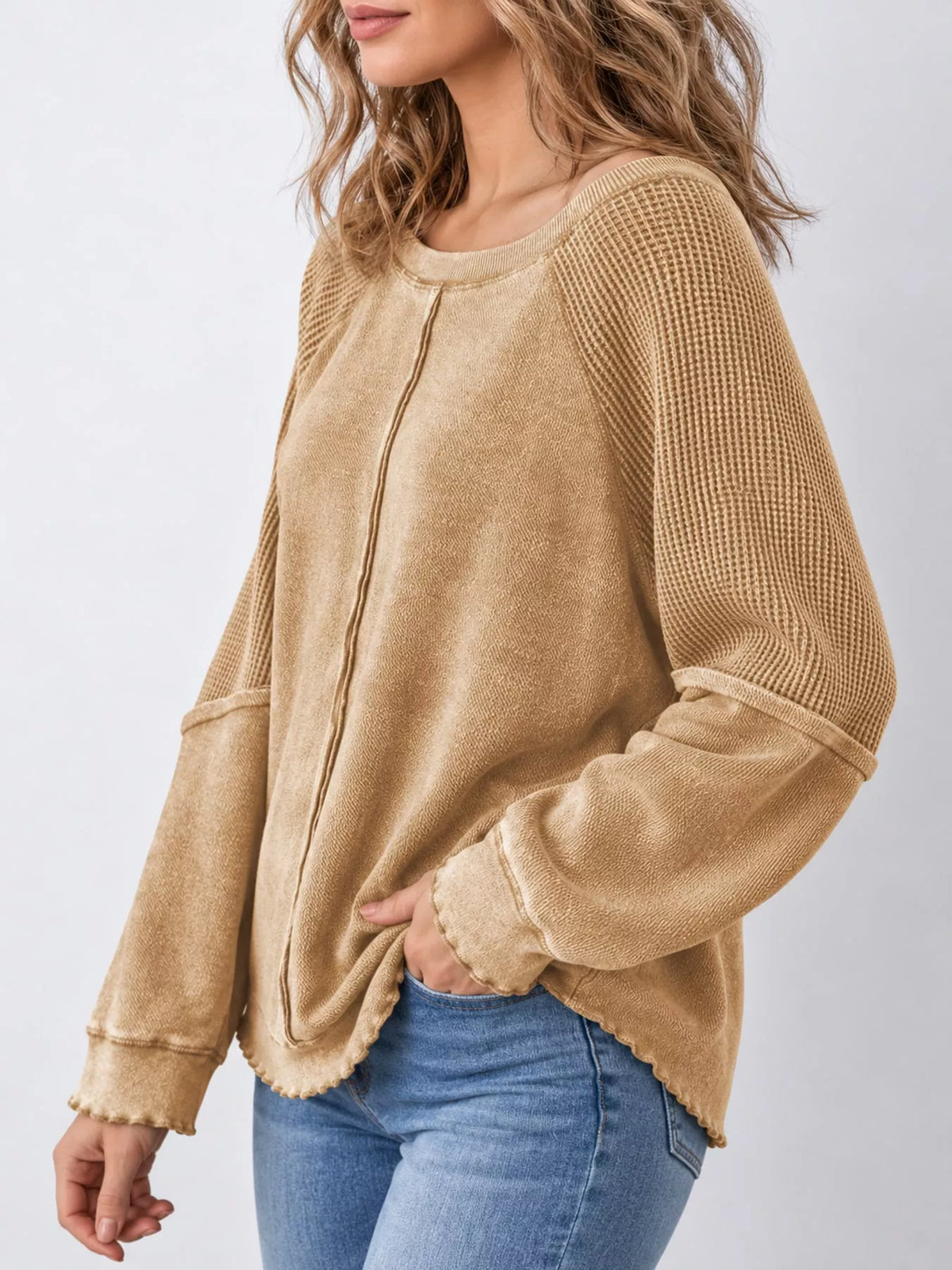 Waffle-knit sweatshirt, tan side