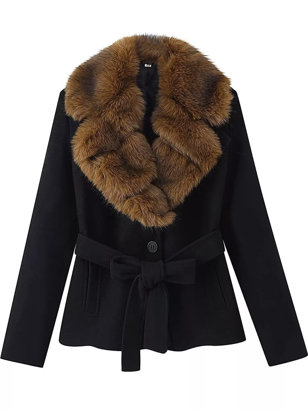 Faux Fur Collar Belted Jacket — garment front