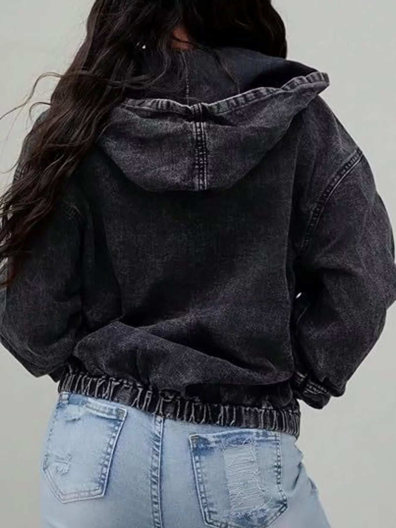 Trendsi Vintage Washed Zip Up Hooded Denim Jacket -
