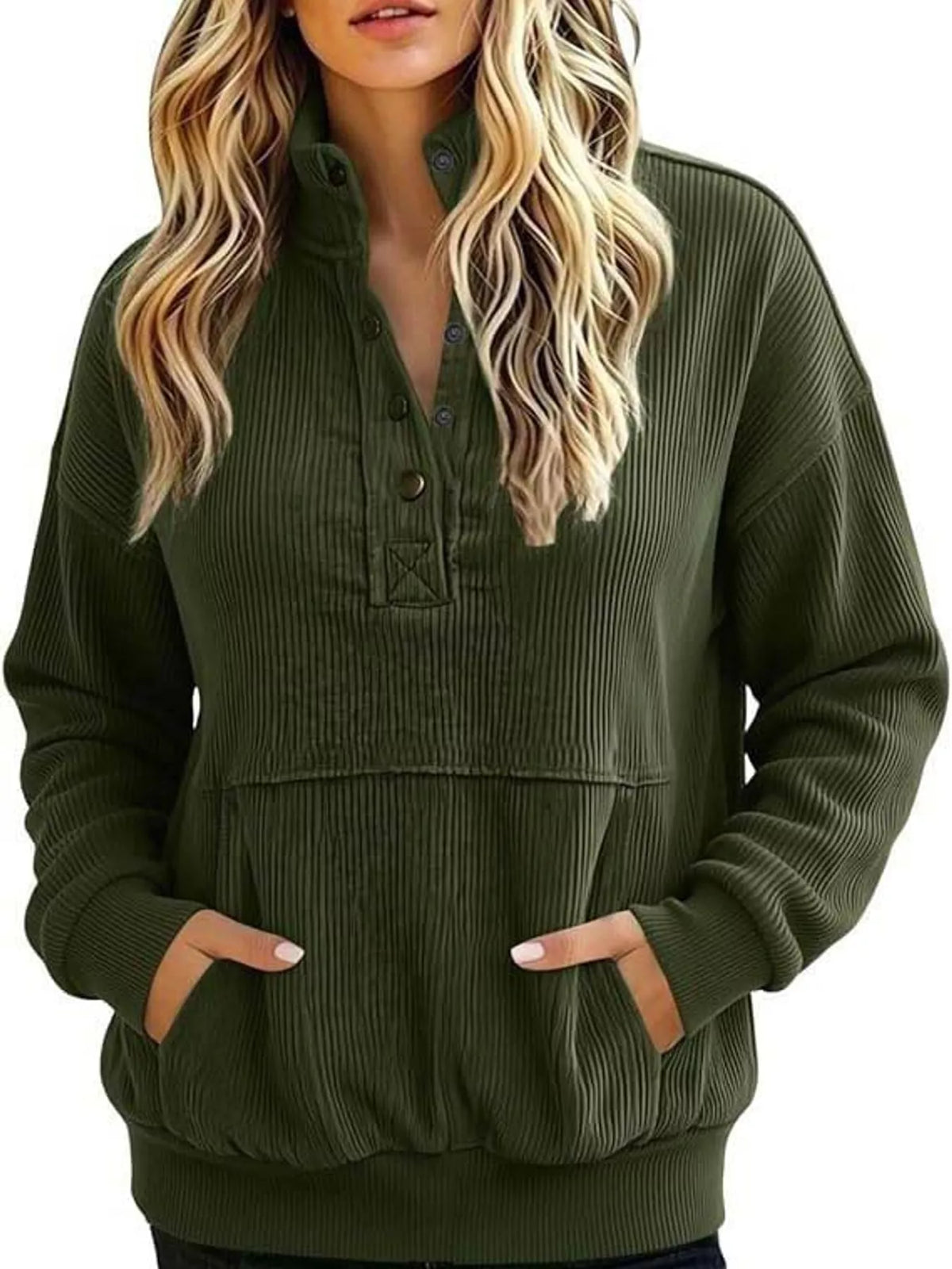 Quarter-snap sweatshirt, olive front