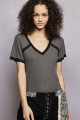 Trendsi POL Lace Detail V-Neck Short Sleeve Textured T-Shirt -