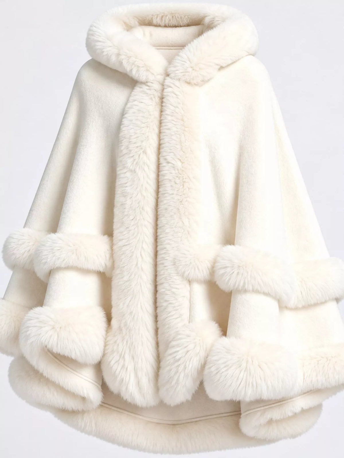 Faux-fur-trim cape, white trim detail