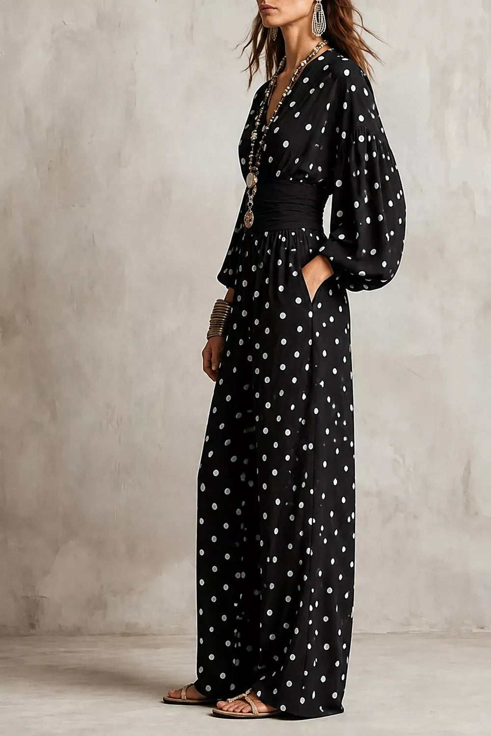 Women's Polka Dot Wide-Leg Jumpsuit in Black, detail view