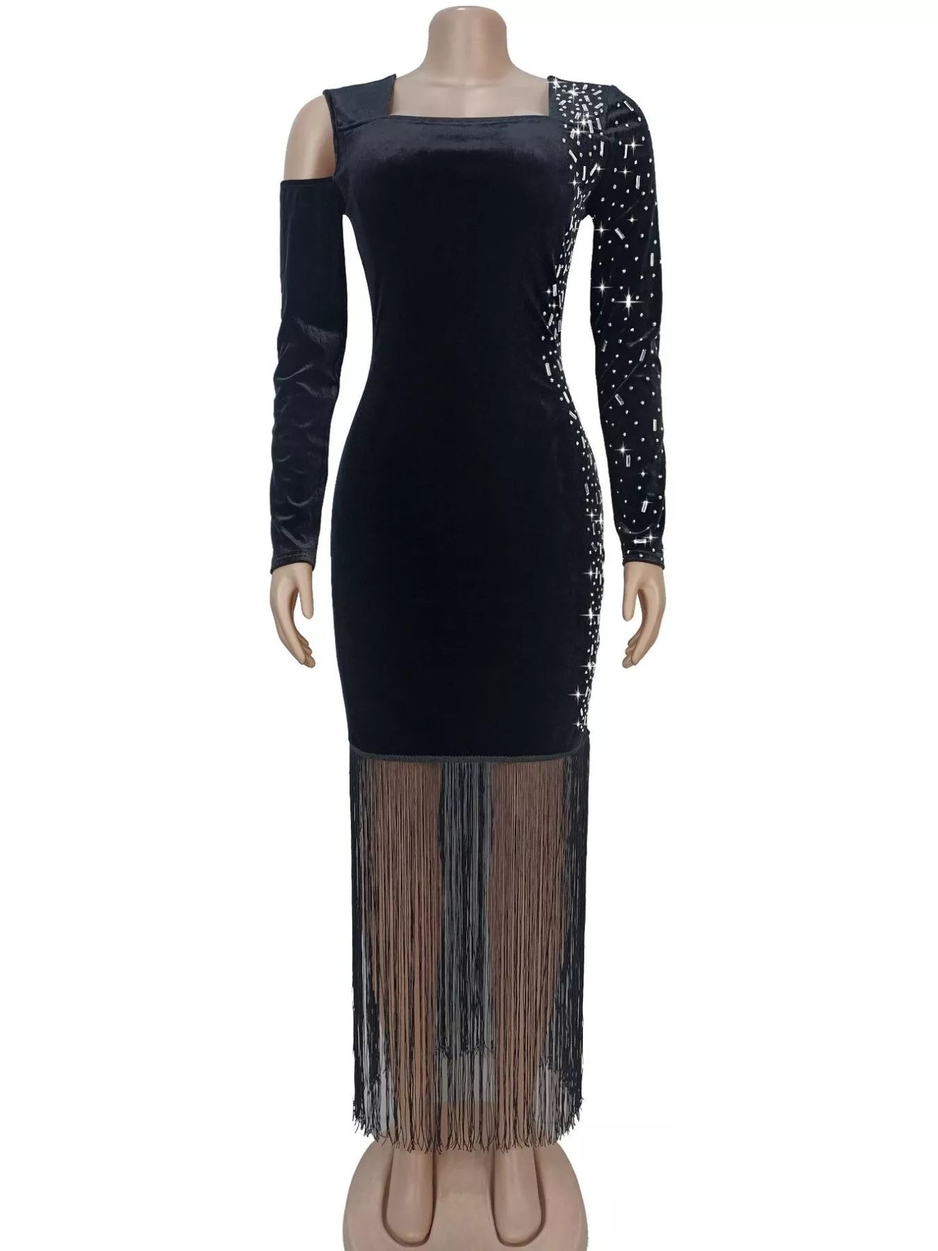 Trendsi Asymmetrical Rhinestone Fringe Dress -