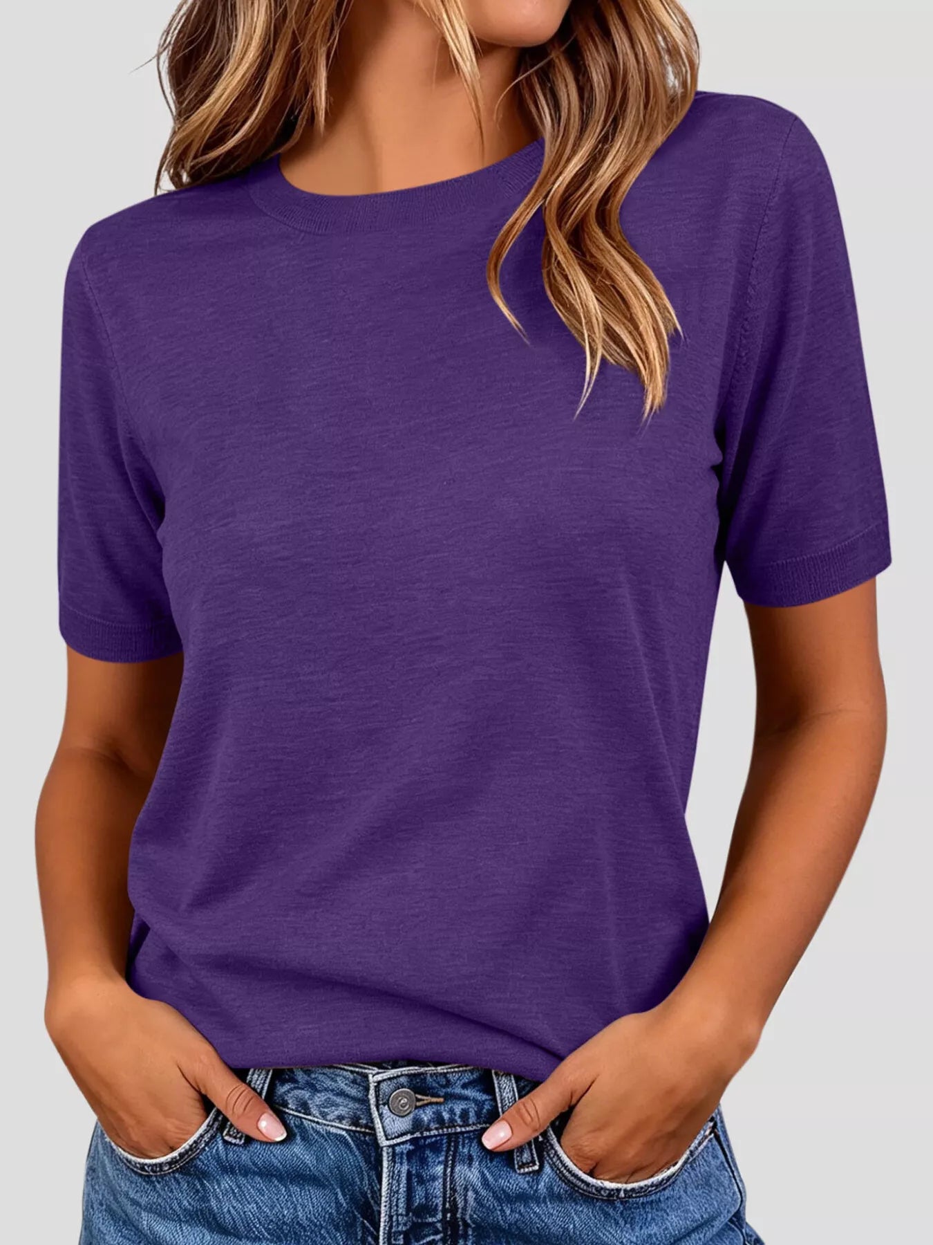 Trendsi Classic Crew Neck Short Sleeve Knit Top -