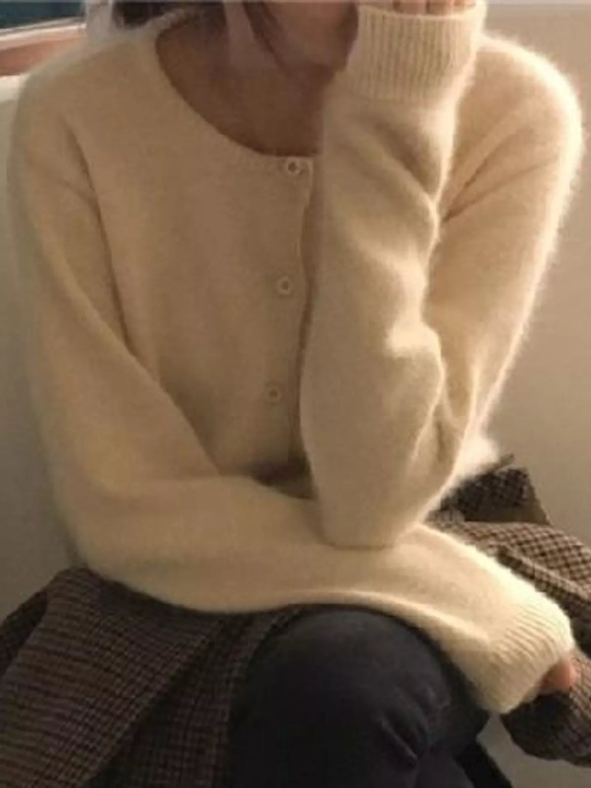 Women's Crew Neck Button-Down Knit Cardigan in cream — front view