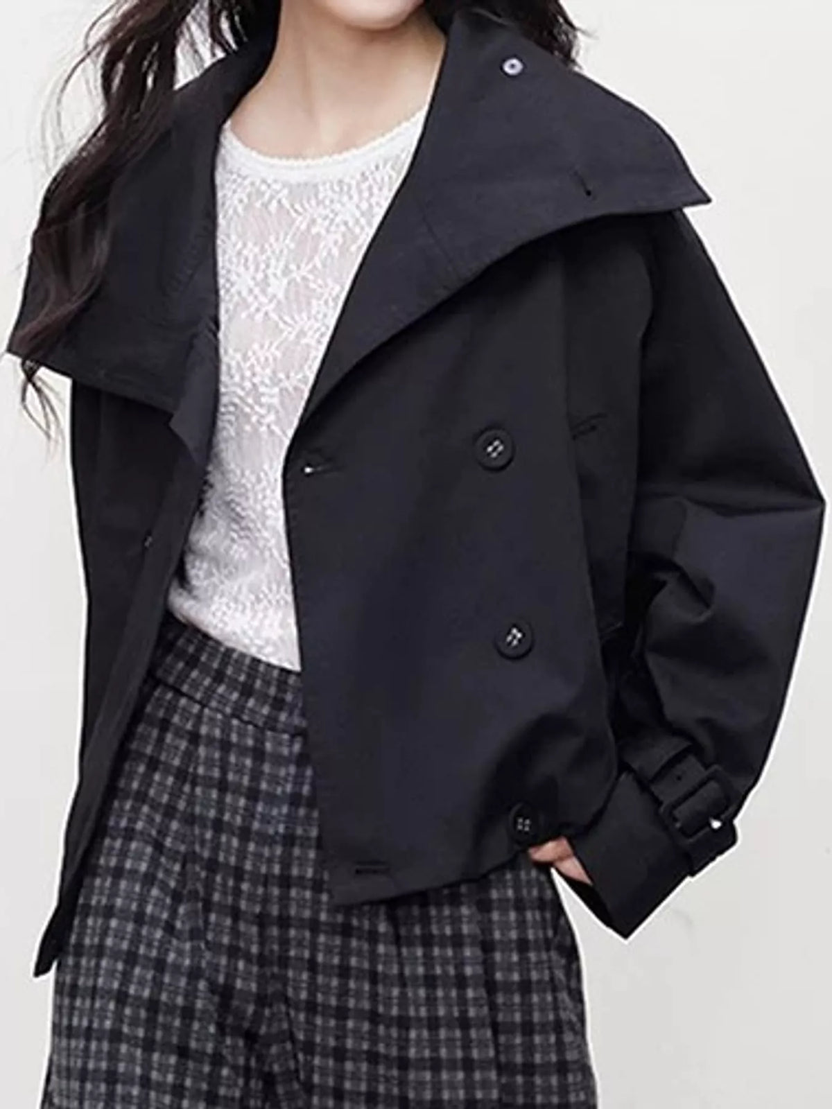 Lapel Double-Breasted Trench Jacket in black-2797