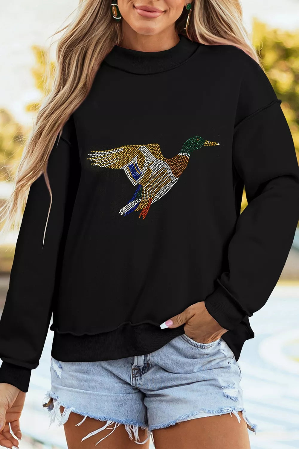 Rhinestone Flying Mallard Mock Neck Tunic Sweatshirt in black, front view
